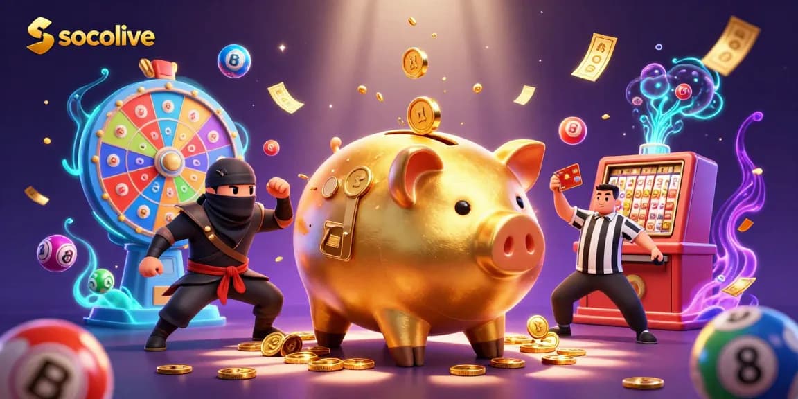 Socolive engages users with a dynamic gambling illustration showcasing animated characters surrounded by colorful lottery elements.