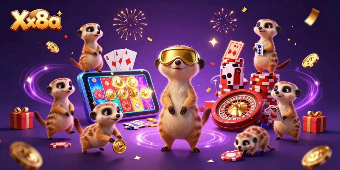 Xx8a showcases a vibrant casino operation led by meerkats engaging in high-stakes gaming and excitement.