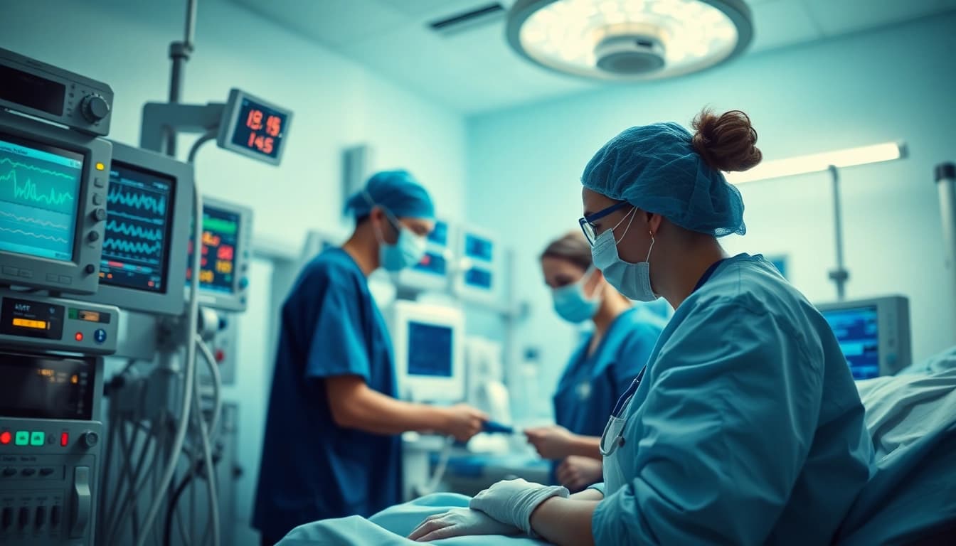 Healthcare professionals tending to a patient in an Intensive Care Unit (ICU) with advanced medical technology.