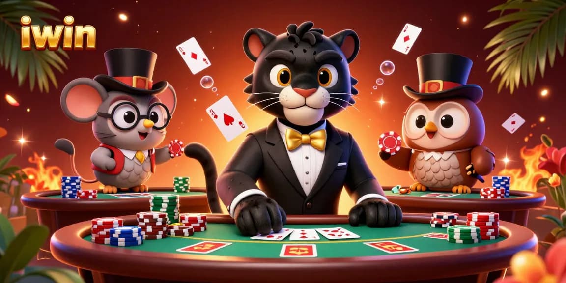 iwin offers thrilling poker action in a vibrant casino scene featuring playful 3D characters.