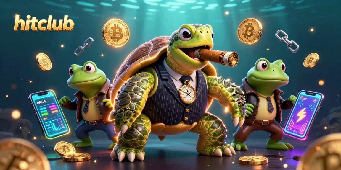 hitclub showcases a snapping turtle mobster with bullfrogs amid vibrant crypto casino elements.