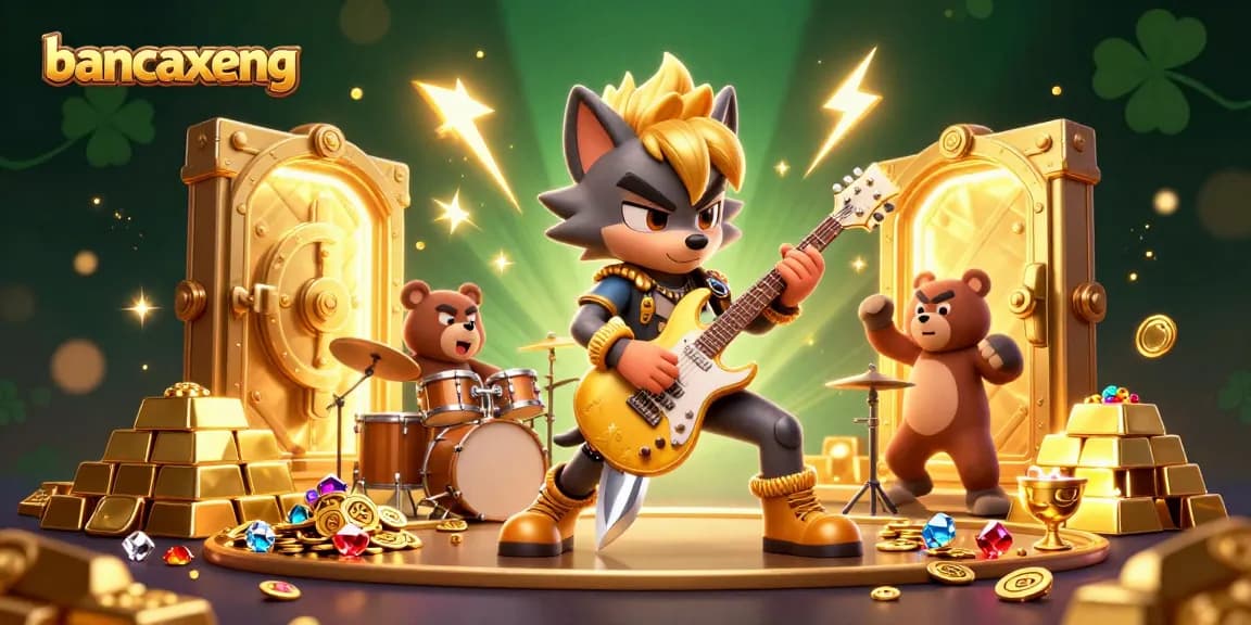 bancaxeng fish shooting gaming scene with a rock star wolf and drummer bear showcasing excitement and treasure