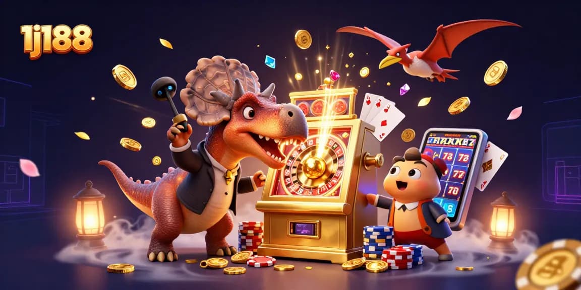 Catch jackpot coins at 1j188 with a cartoon dinosaur headbutting a golden slot machine, creating a thrilling atmosphere.