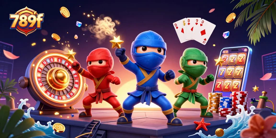 Experience the thrill of 789f's vibrant casino scene with ninja chameleons showcasing dynamic moves amidst gold coins and gems.