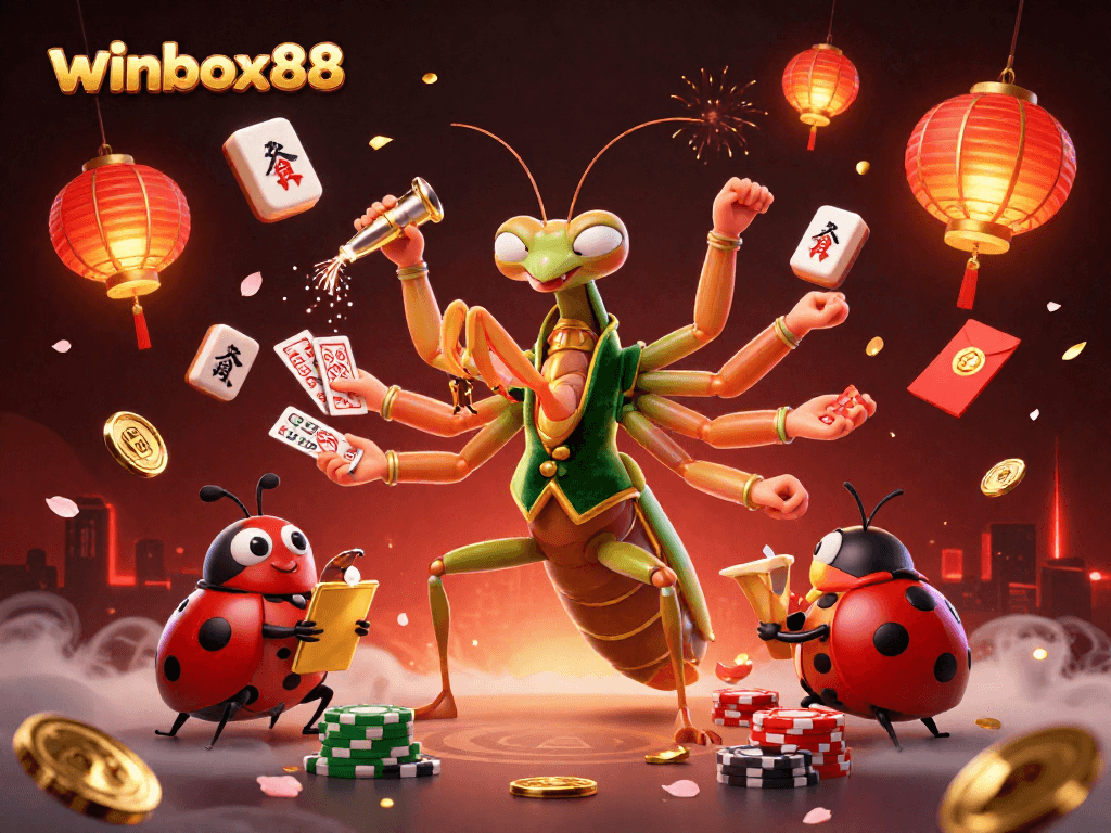Experience winbox88 with a vibrant 3D casino scene featuring a lively praying mantis dealer.