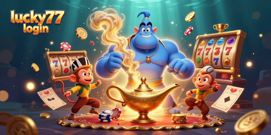 Experience the thrill of lucky77 login with a vibrant 3D casino scene featuring a genie and vibrant gaming elements.