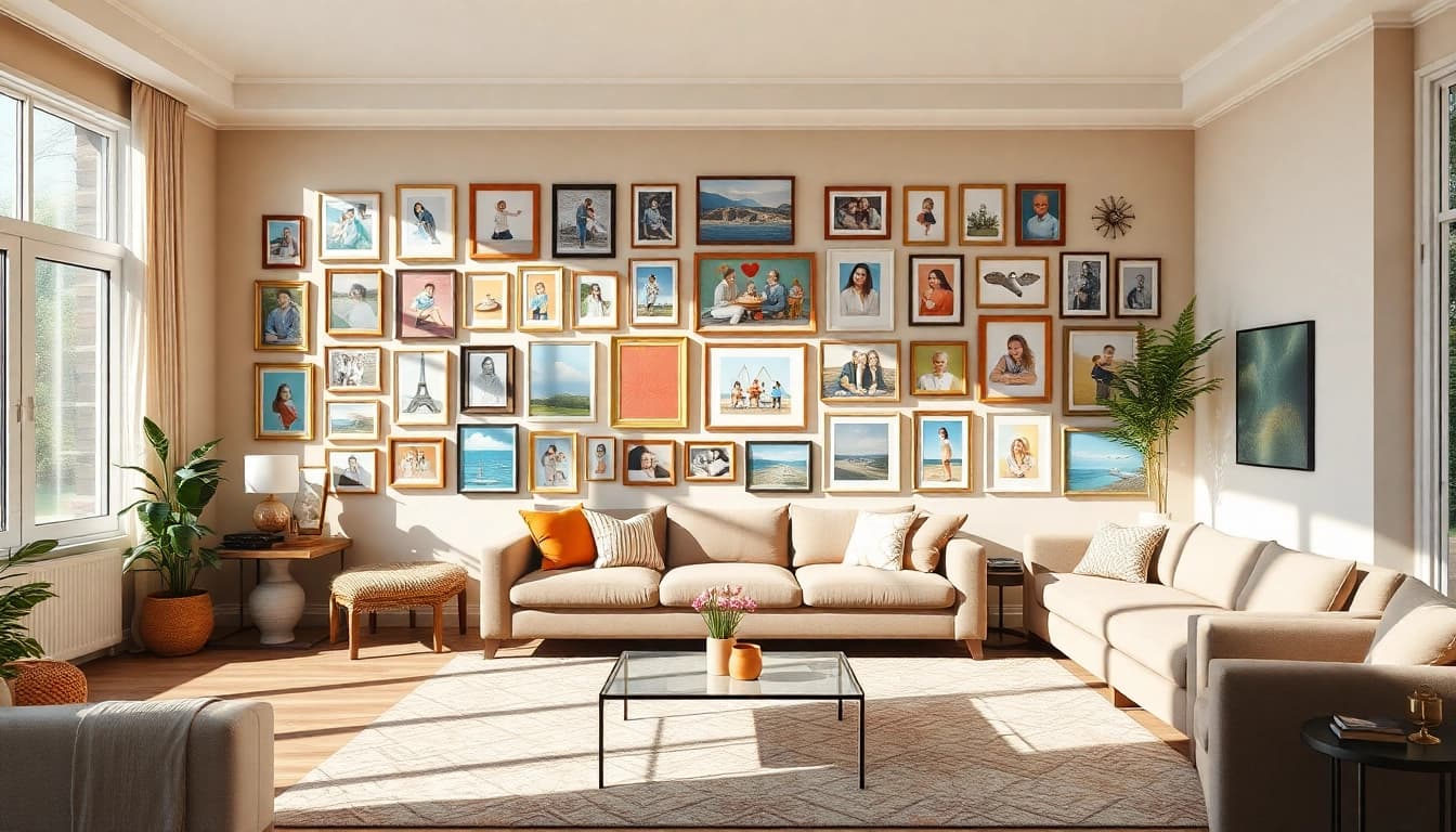 Transform your space with a creative photo wall displaying memorable moments and artistic designs.