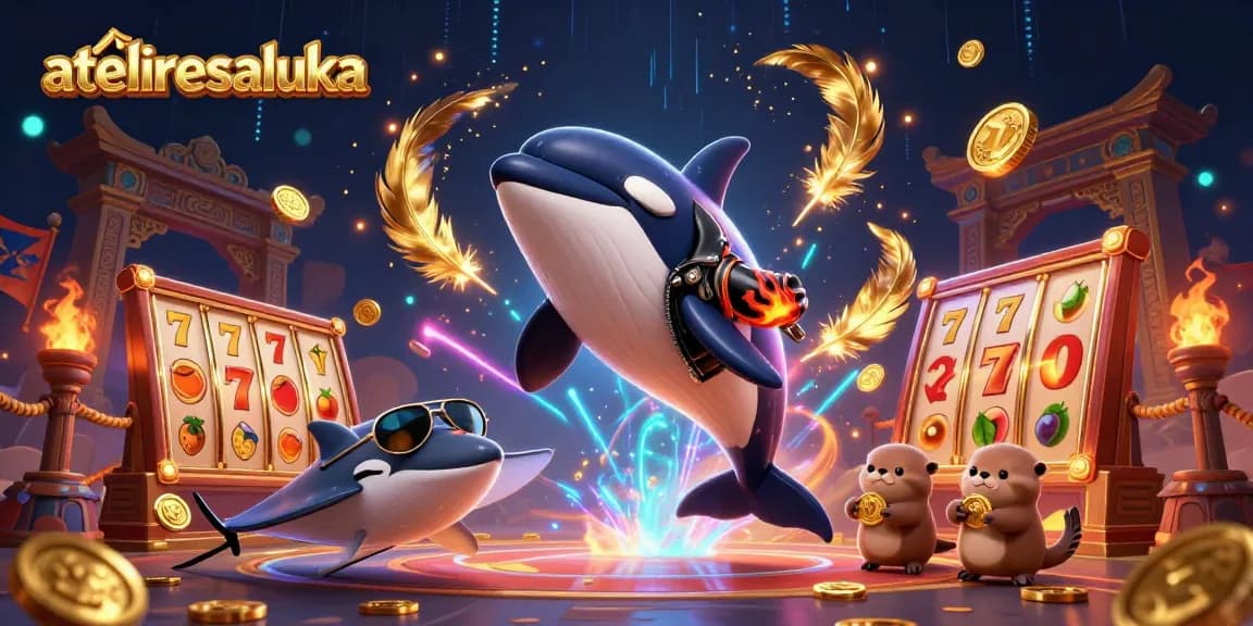 Engage with ateliersaluka's vibrant casino world featuring a lively orca whale and otters reveling in golden coins.