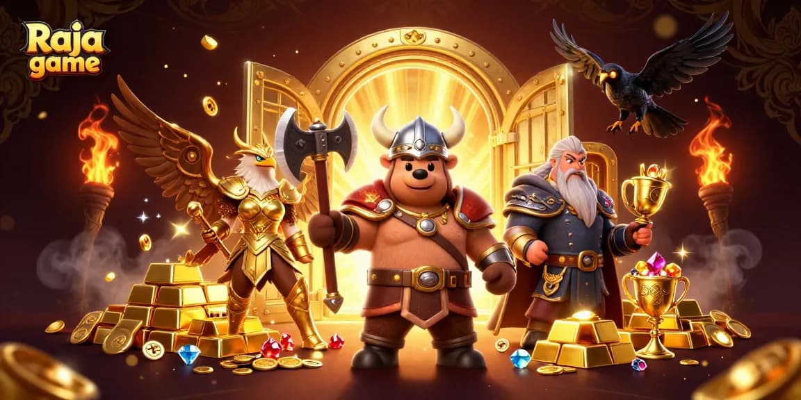 Join the excitement of Raja game with a dynamic illustration of a Viking bear and Valkyrie eagle amidst treasures.