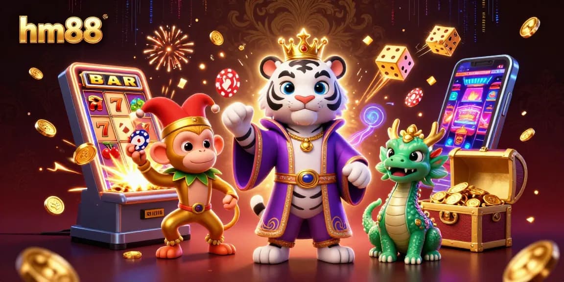 Join in the excitement at hm88 with a vibrant scene of a tiger and monkey celebrating casino wins!