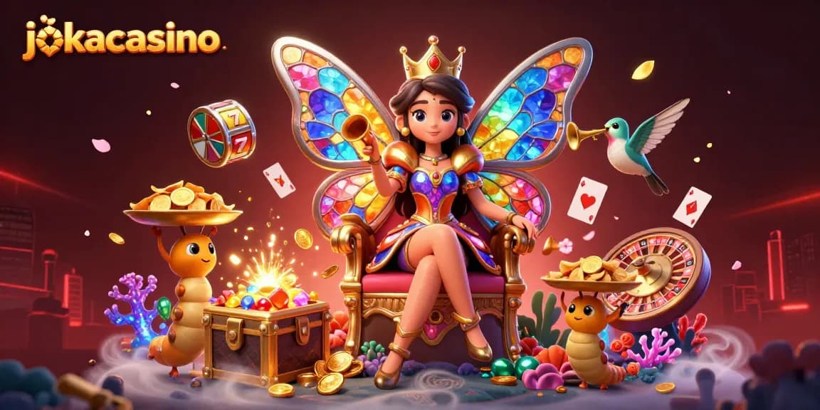 Immerse in playful gaming at jokacasino with a vibrant butterfly queen, slot reels, and rich visuals.