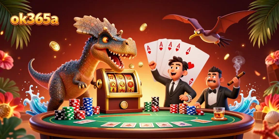Experience the excitement of ok365a with vivid casino action, showcasing characters and games in a dynamic scene.