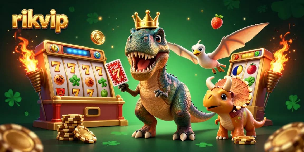 Experience the excitement of rikvip with a friendly dinosaur dealer shuffling cards in a vibrant casino atmosphere.