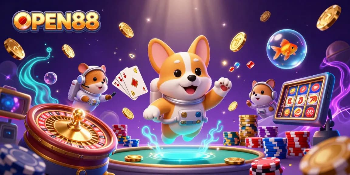 Open88's gambling excitement in a dynamic cosmic casino scene with floating elements.