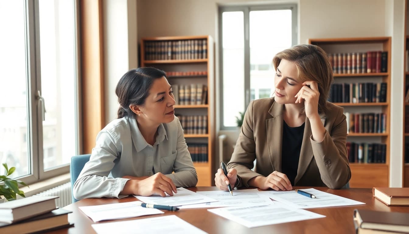 Couple reviewing Family Law Financial Agreements in a professional office environment discussing terms.
