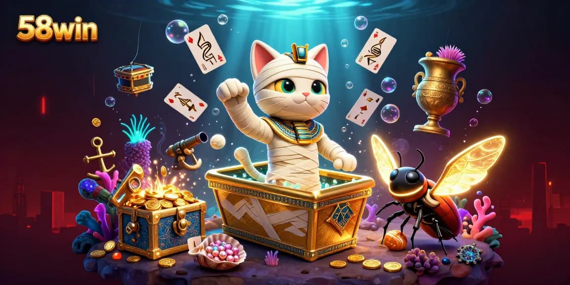 Sparkle with 58win's thrilling jackpot adventures featuring a mummy cat and treasure in this vibrant casino scene.
