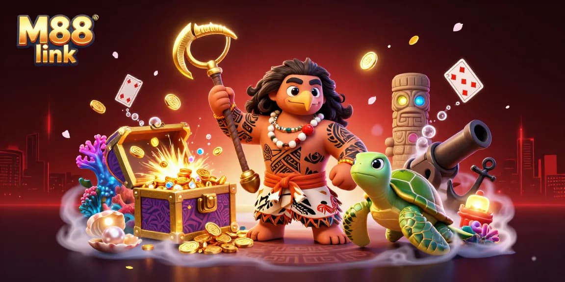 Engage with M88 link through this vibrant scene showcasing a Polynesian demigod and turtle amid lucrative treasures.