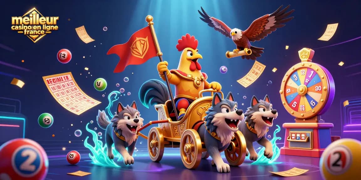 Scène dynamique illustrant le meilleur casino en ligne France avec un roi coq, des ballons de loterie colorés et une ambiance festive.