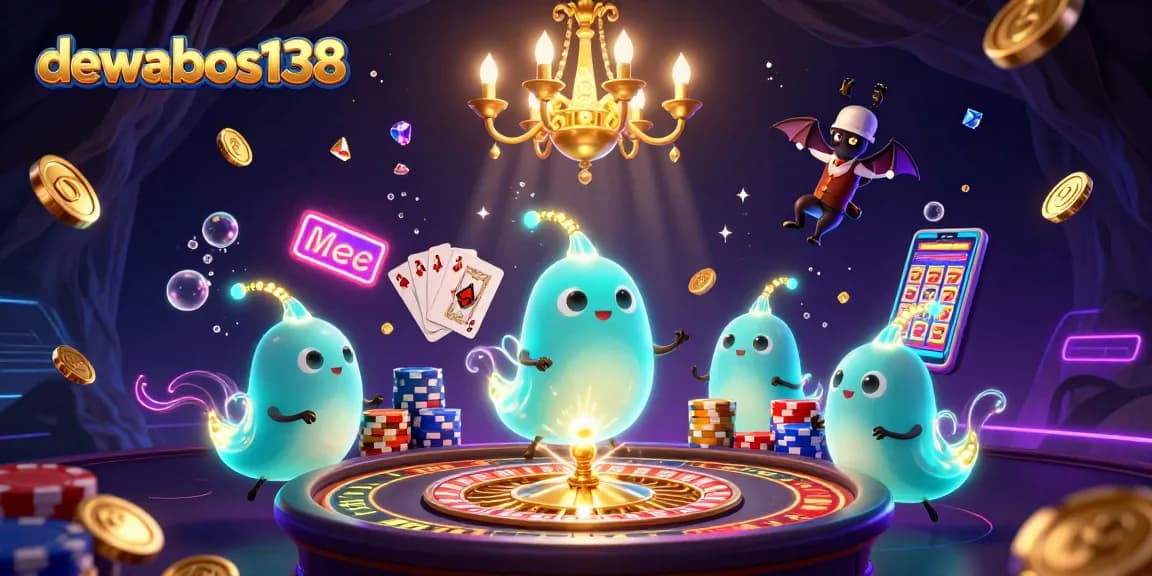 Experience the thrill of dewabos138 in a vibrant 3D casino scene with glowworms and sparkling gems.