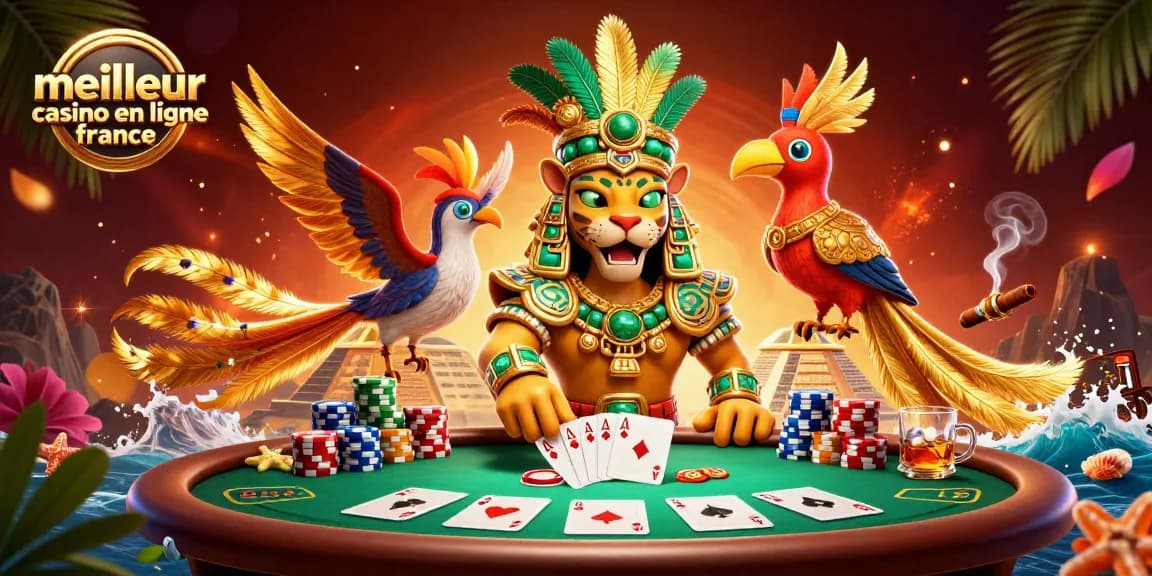 Illustration 3D captivante du meilleur casino en ligne en France, montrant un prêtre jaguar et des éléments de poker riches.