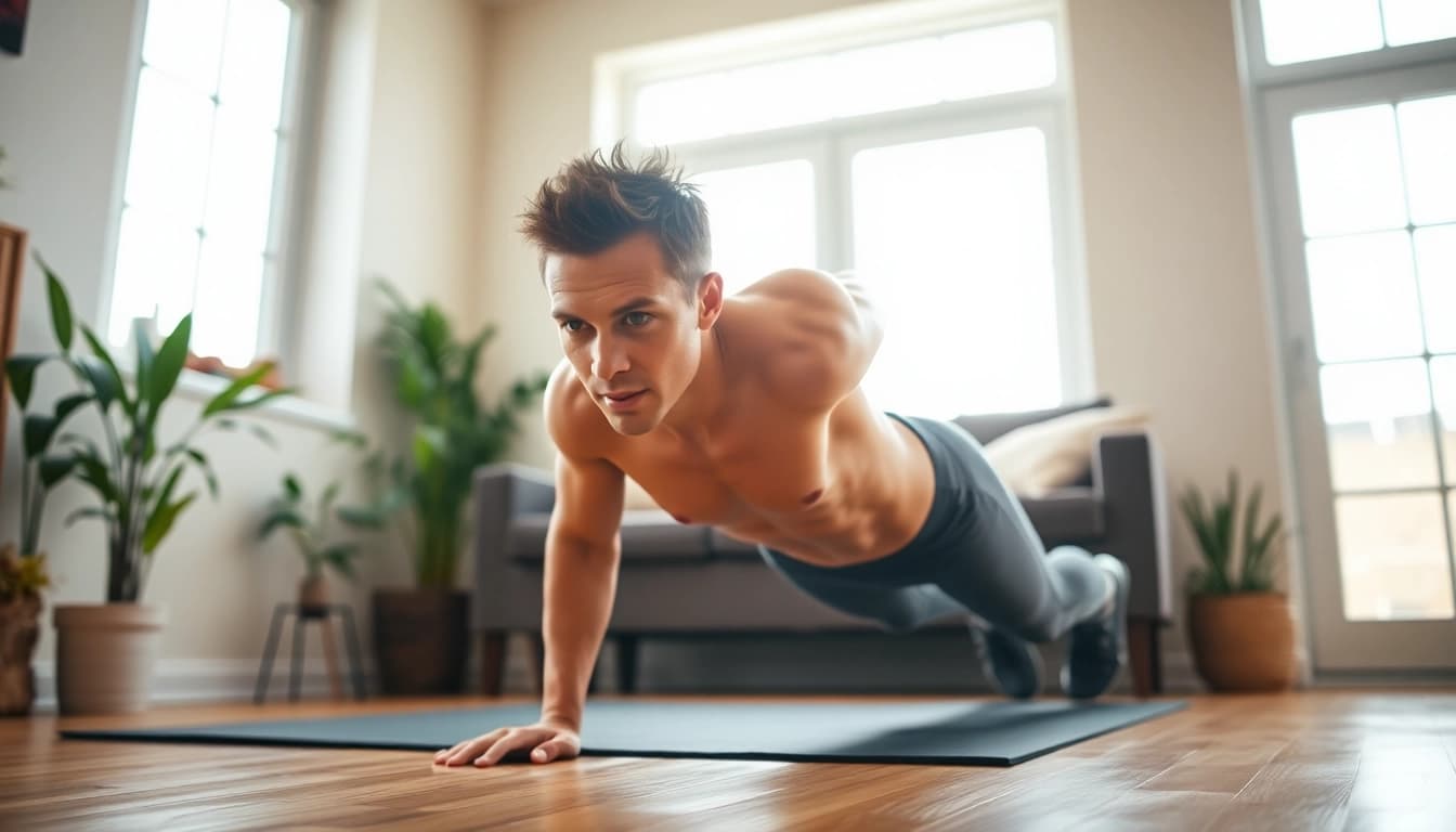 Engaged individual practicing Home Workout Plans in a bright, inviting home gym environment.