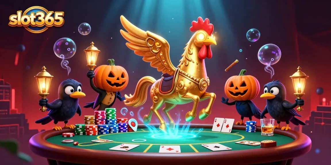 Experience thrilling slot365 gameplay with vibrant casino scenes featuring headless horseman and companions.