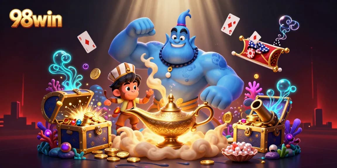 Experience the excitement of 98win's gaming world with our vibrant cartoon illustration, showcasing a genie and a magical carpet.