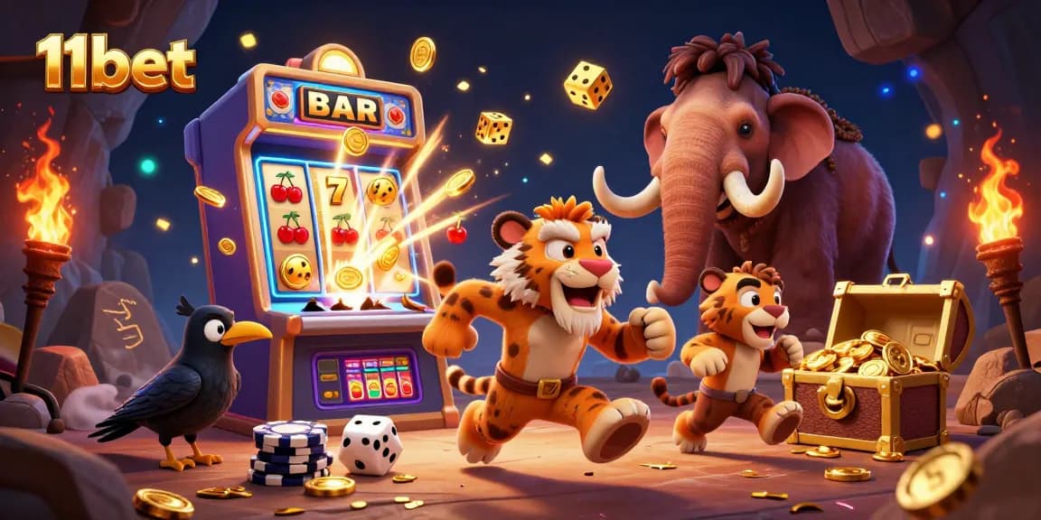 Experience thrilling wins at 11bet with a vibrant illustrated casino scene featuring exciting games.