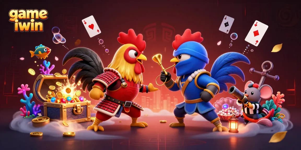Play game iwin with twin roosters in a dynamic casino duel, surrounded by treasure elements.