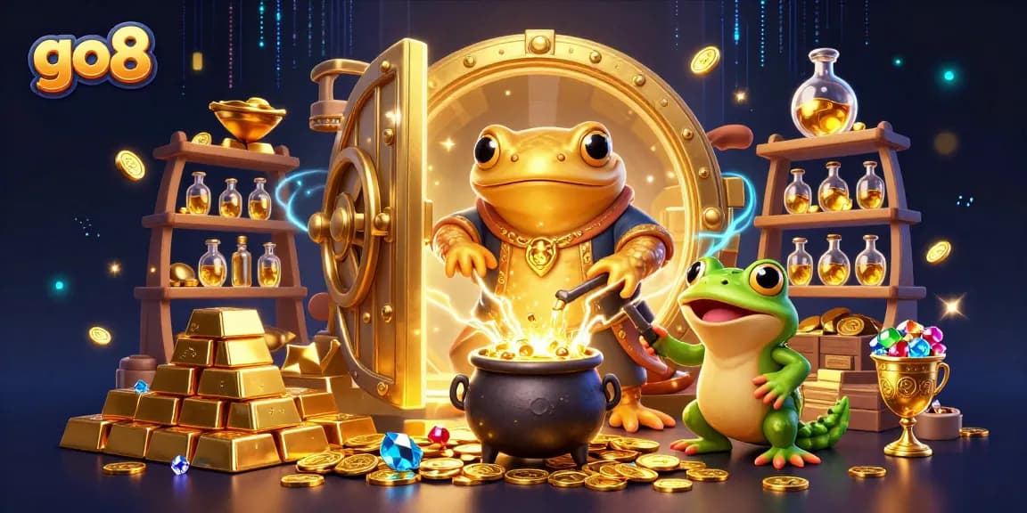 Experience exciting gameplay at Go8, featuring a vibrant scene of gold coins, gems, and rich casino elements.