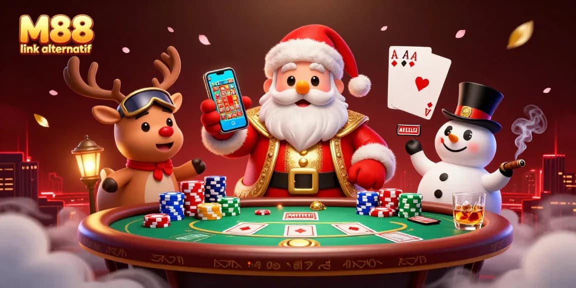 Win with M88 link alternatif while enjoying a vibrant online casino scene with festive characters.