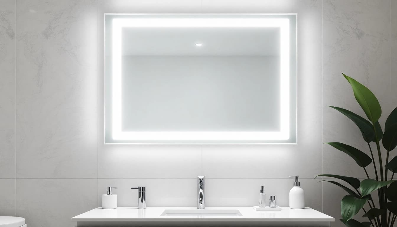 Display a bright led bathroom mirror above a stylish vanity with modern decor.