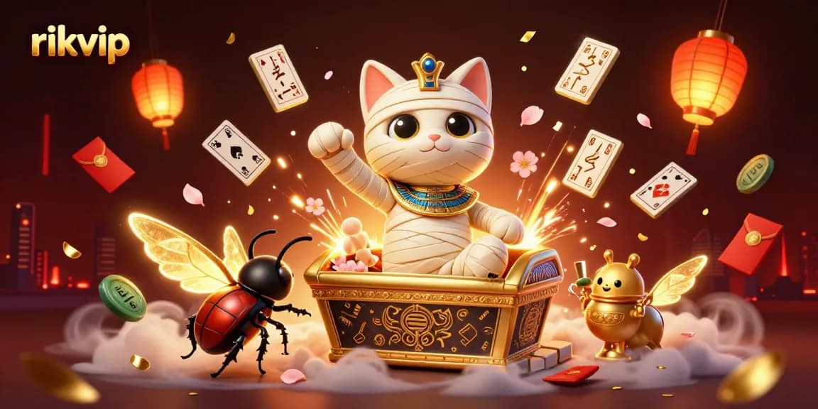 Experience the vibrant world of rikvip with a 3D mummy cat and glowing scarab beetle in a thrilling casino scene.