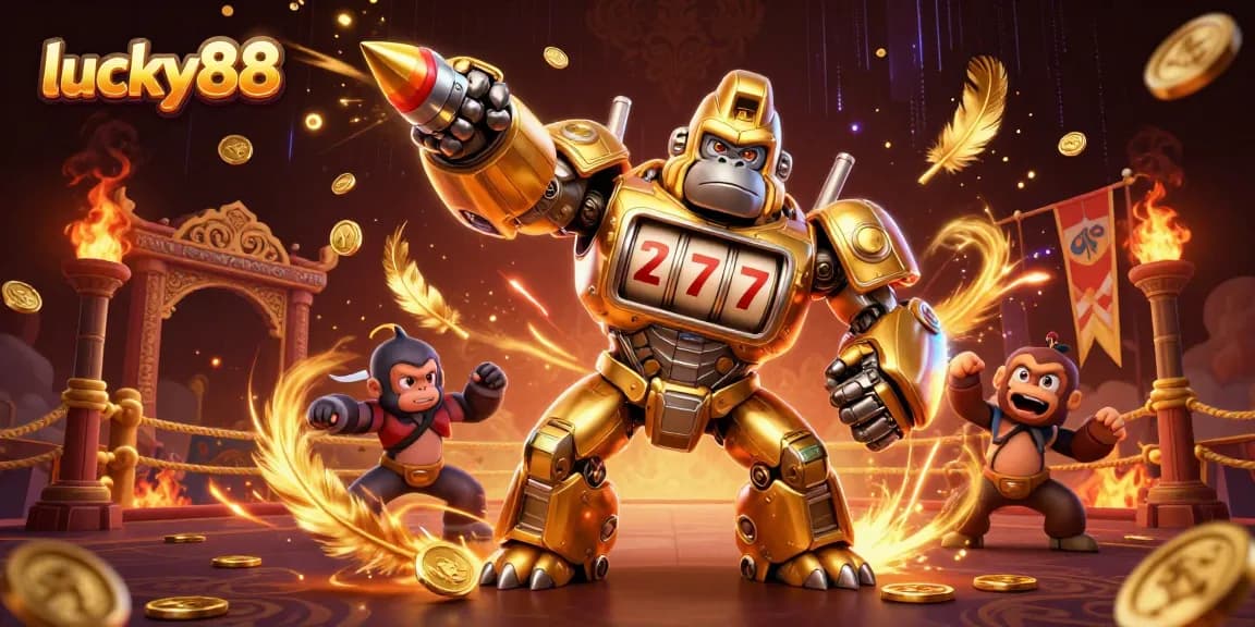 Experience exhilarating gameplay with lucky88, showcasing a golden gorilla mech and dynamic casino elements.