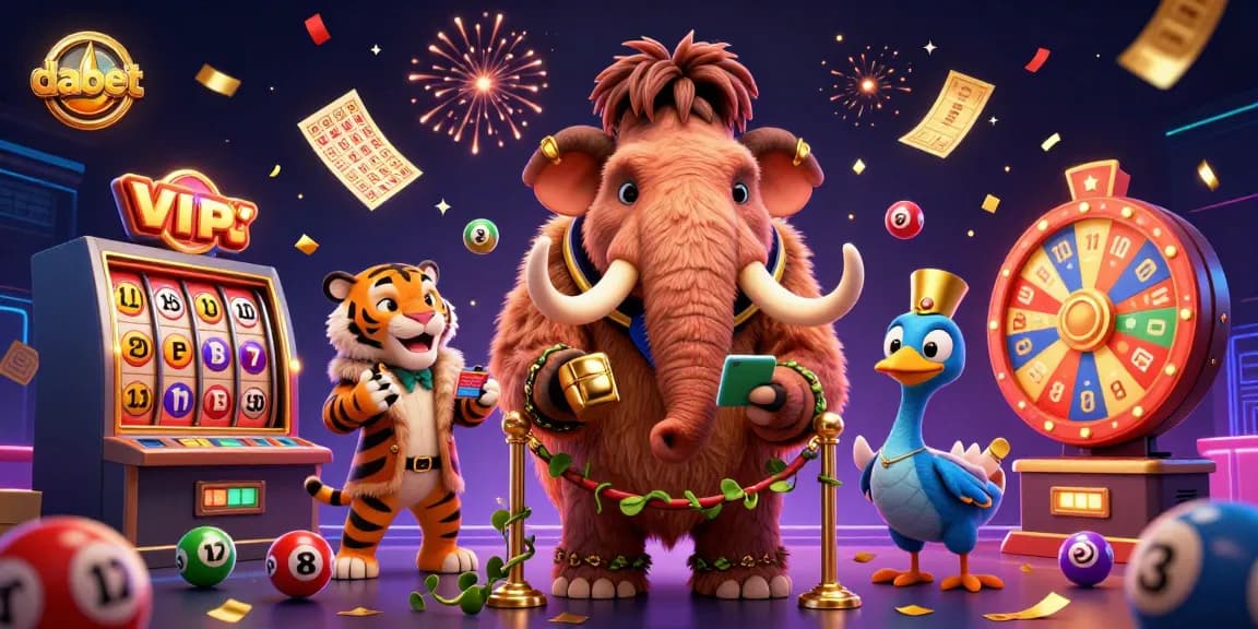 Dabet attracts thrilling players with its colorful slot reels and dynamic lottery action in a lively 3D casino scene.