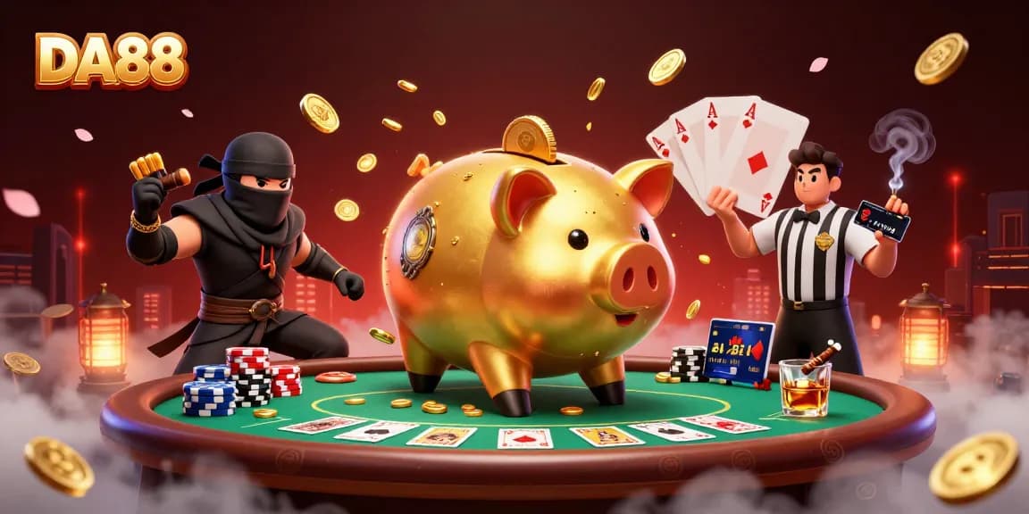 Experience the excitement of DA88 with a unique 3D casino scene featuring animated characters.