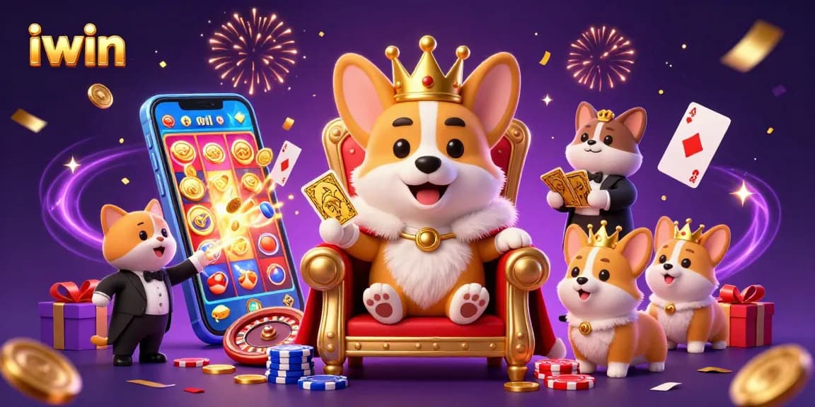 iwin-themed royal corgi on a poker chip throne celebrates with festive slots and poker elements.