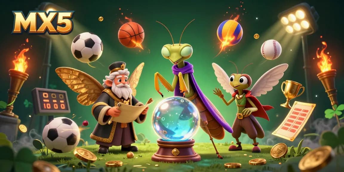 Engage with MX5's dynamic gaming scene featuring sports balls, fortune tellers, and vivid casino elements.