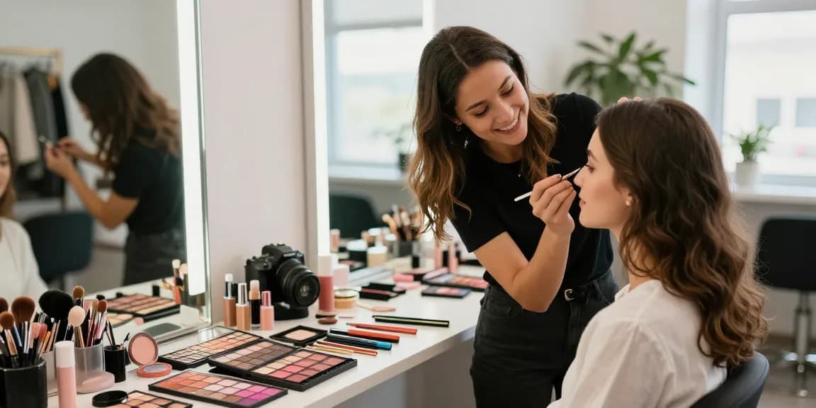 Trucco personalizzato in studio di bellezza, con artista che applica make-up su cliente sorridente.