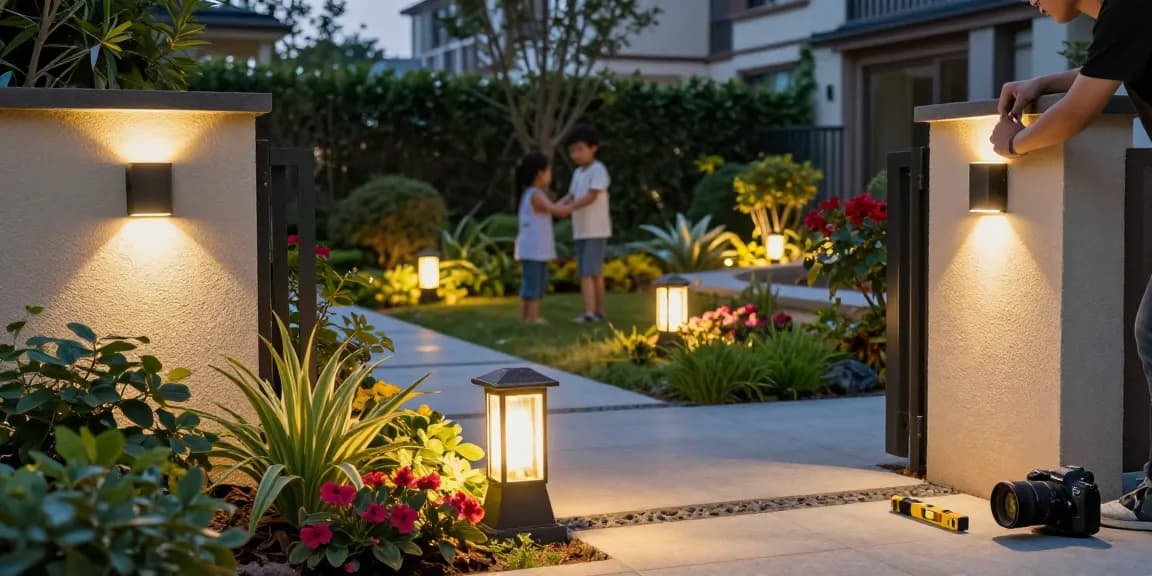 Aplica LED exterior instalată în grădină modernă, luminând plante și flori.