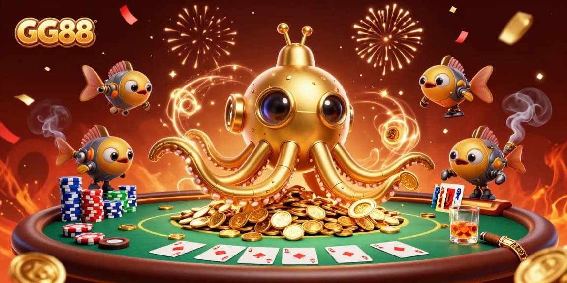 Experience adventure at GG88 with a golden kraken submarine amid poker excitement and treasures.