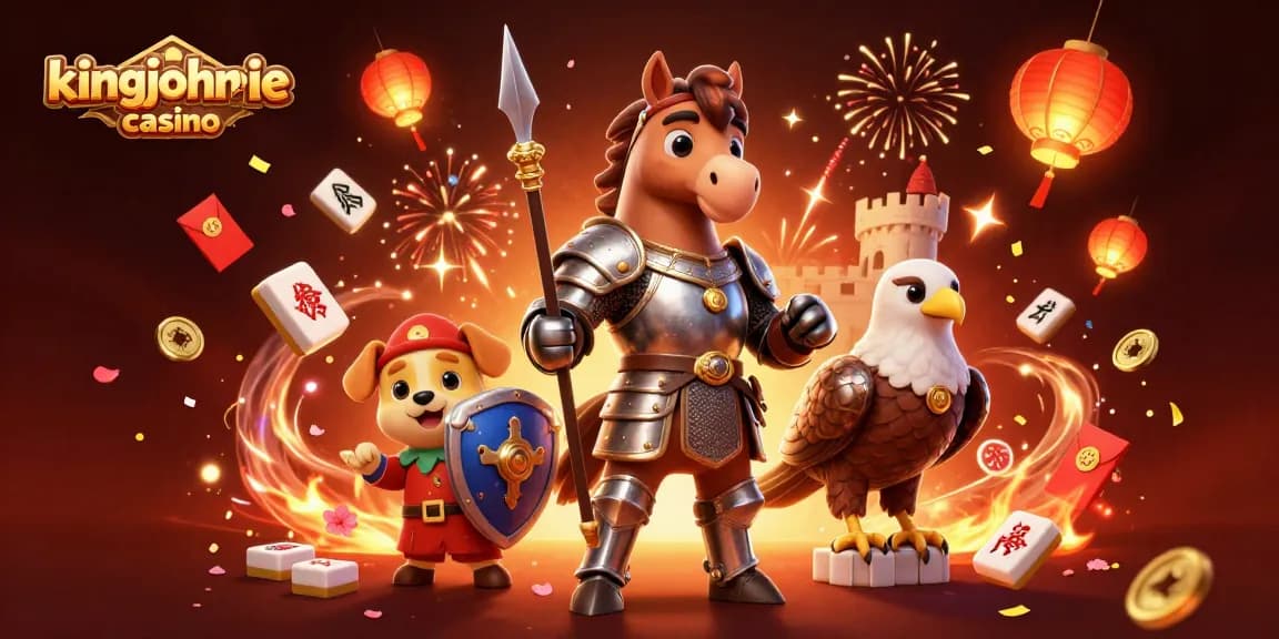 Experience exciting gameplay at kingjohnnie casino with a 3D illustration of heroic characters and festive elements.