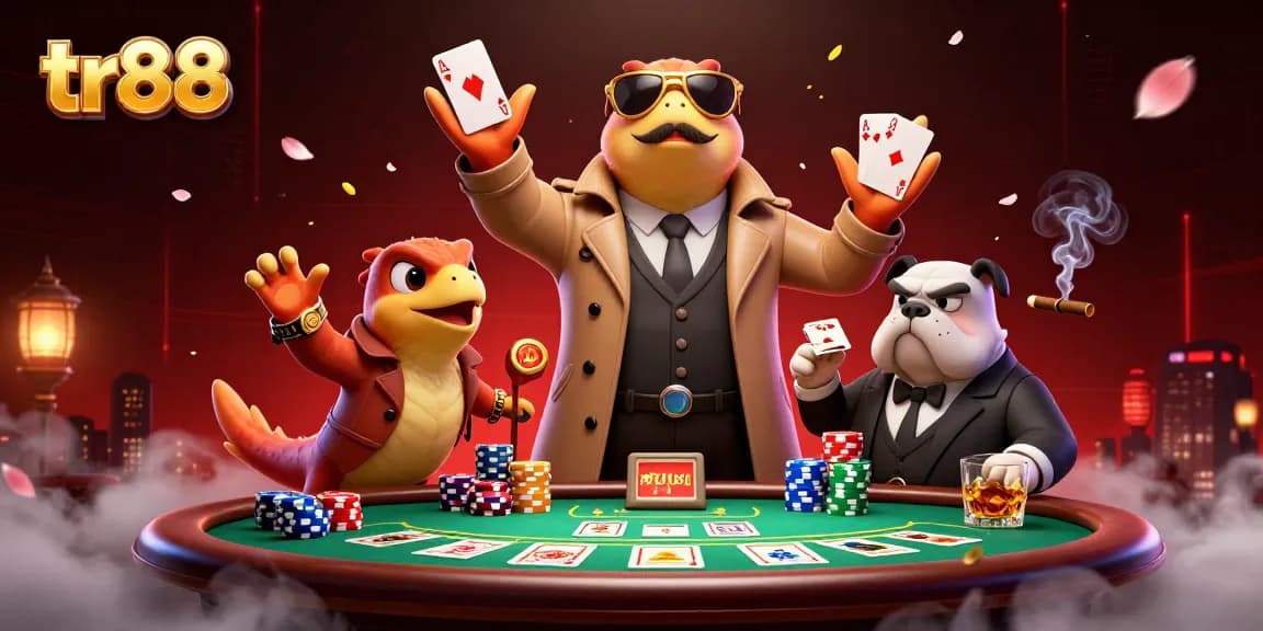 Experience the thrilling ambiance of tr88 as cartoon raptors navigate a VIP casino scene filled with poker elements.