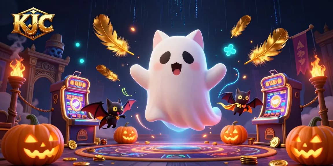KJC showcases a ghost cat in a haunted casino scene, illuminating the fun of gaming.