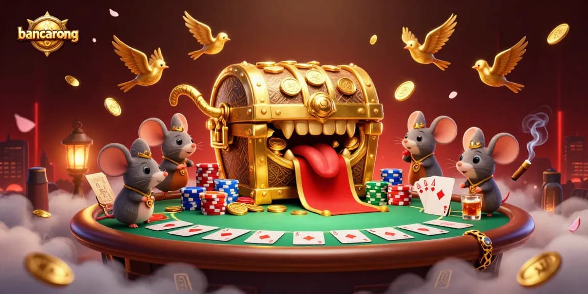 Engage with bancarong's thrilling action as adventurer mice discover a golden treasure chest amidst vibrant poker elements.