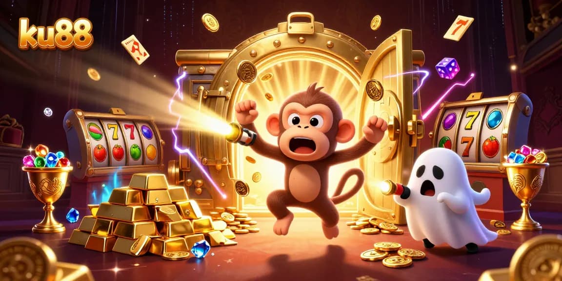 Engage with the adventurous ku88 scene featuring a ghost-hunter puppy tracking a playful poltergeist monkey.