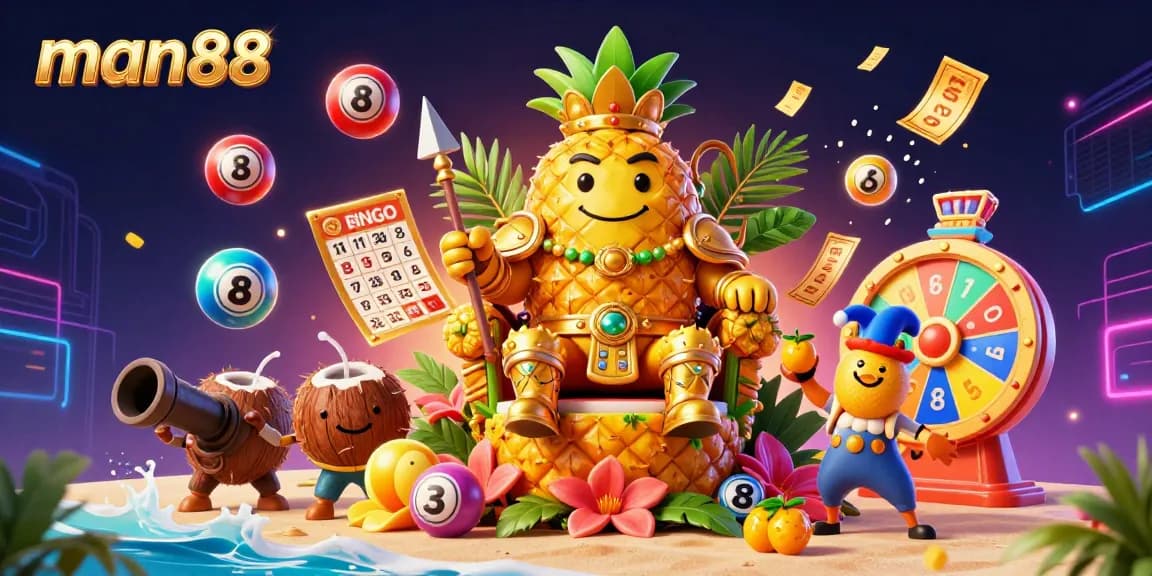 Engage with the exciting man88 casino scene featuring a golden pineapple king amidst lottery and bingo elements.