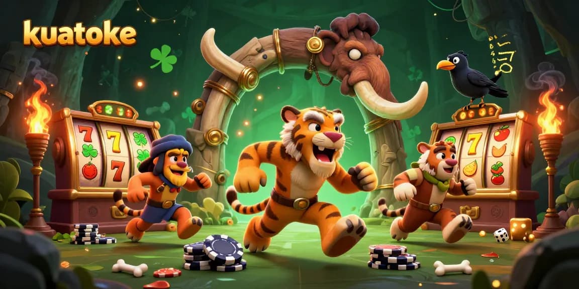 Kuatoke engages players with thrilling slot action in a vibrant prehistoric casino scene.