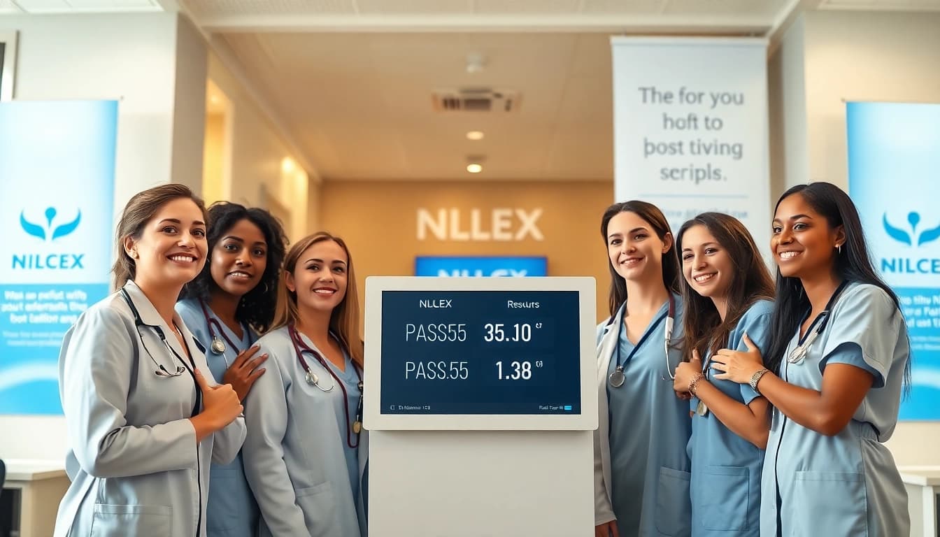 Candidates checking Past Nclex fast results in a bright testing center.