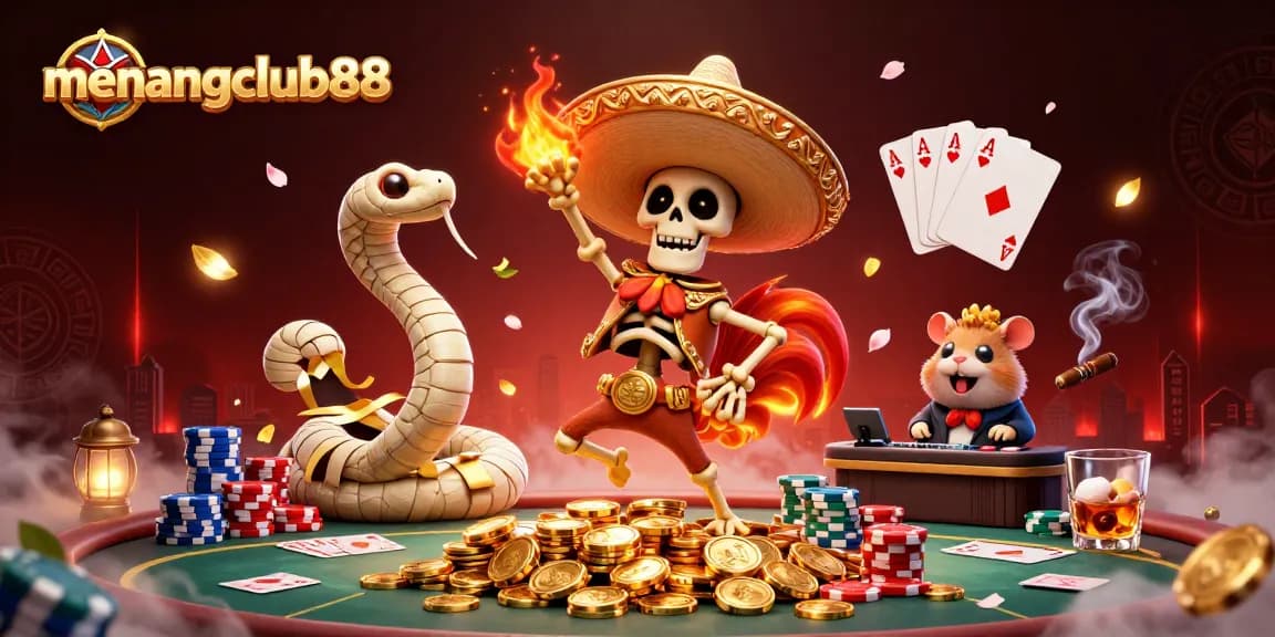Experience the thrills of menangclub88 with a dynamic 3D illustration featuring vibrant characters and casino elements.
